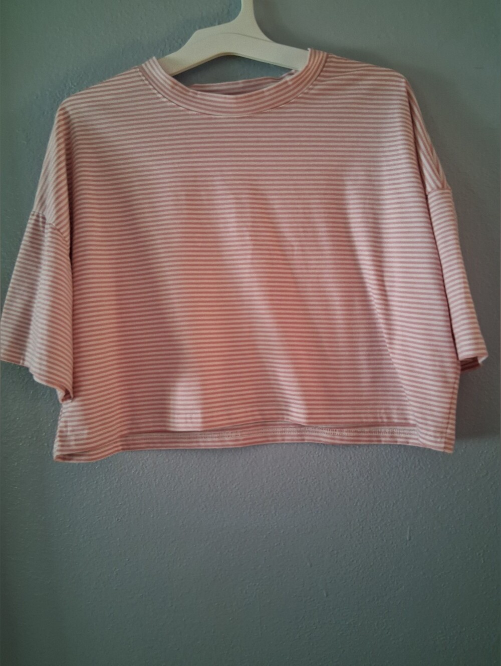 Pink Striped Boxy Crop Top Cotton Spandex Comfy Short Sleeve Tee Large